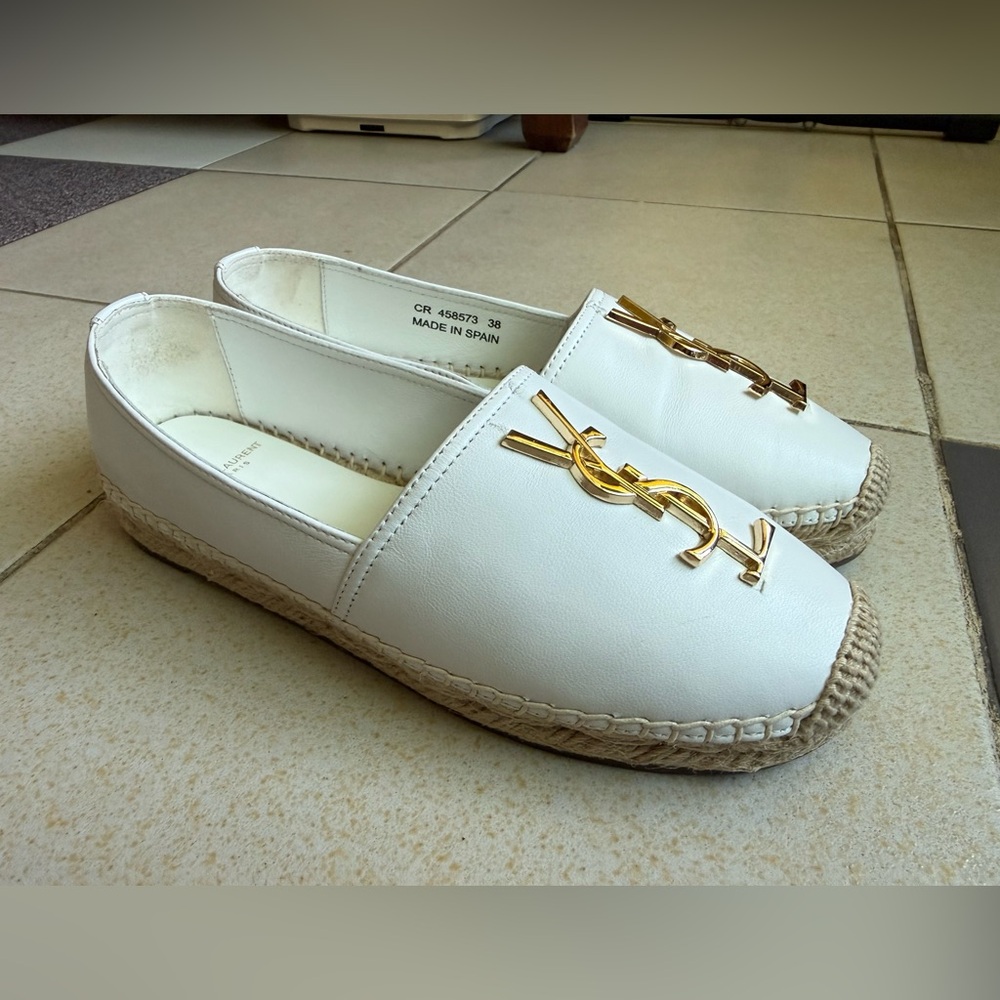 Saint Laurent White Leather Espadrille Flats with Gold Logo - Picture 5 of 10